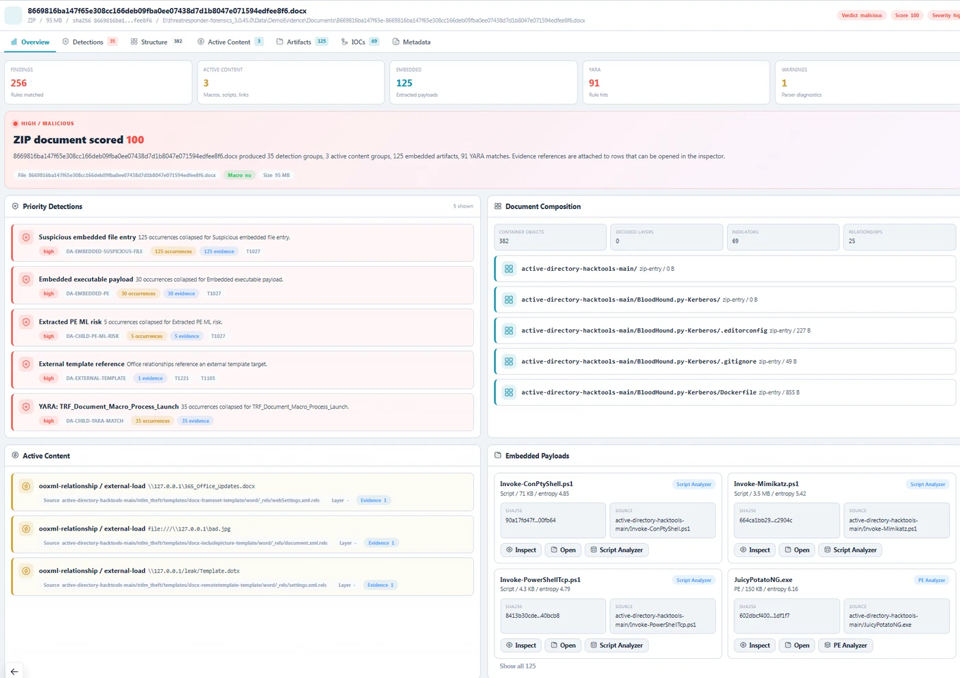 Document Analyzer — review document structure, suspicious components and embedded payload findings.