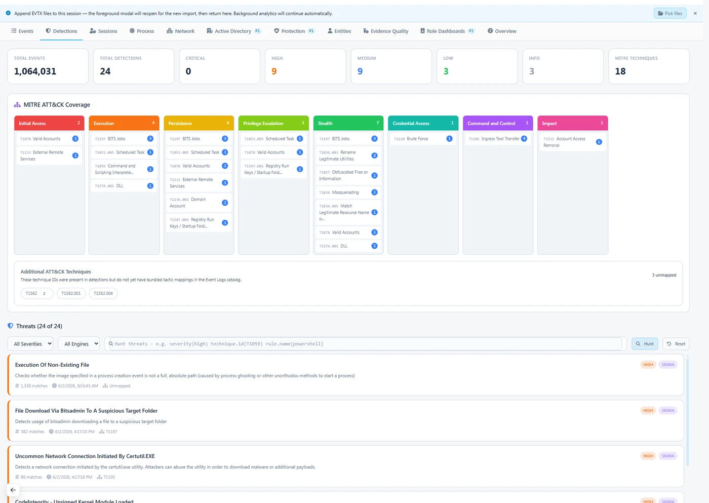 EventLogs Analyzer — explore Sigma findings and ATT&CK coverage, then follow the supporting events.