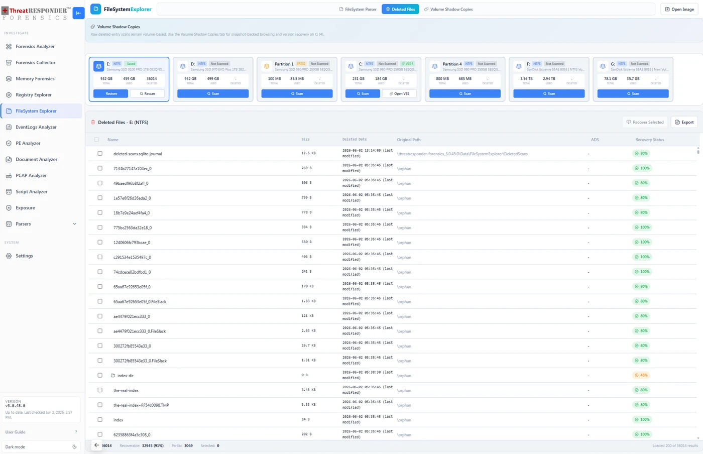 FileSystem Explorer — investigate deleted entries and assess recovery candidates alongside volume context.