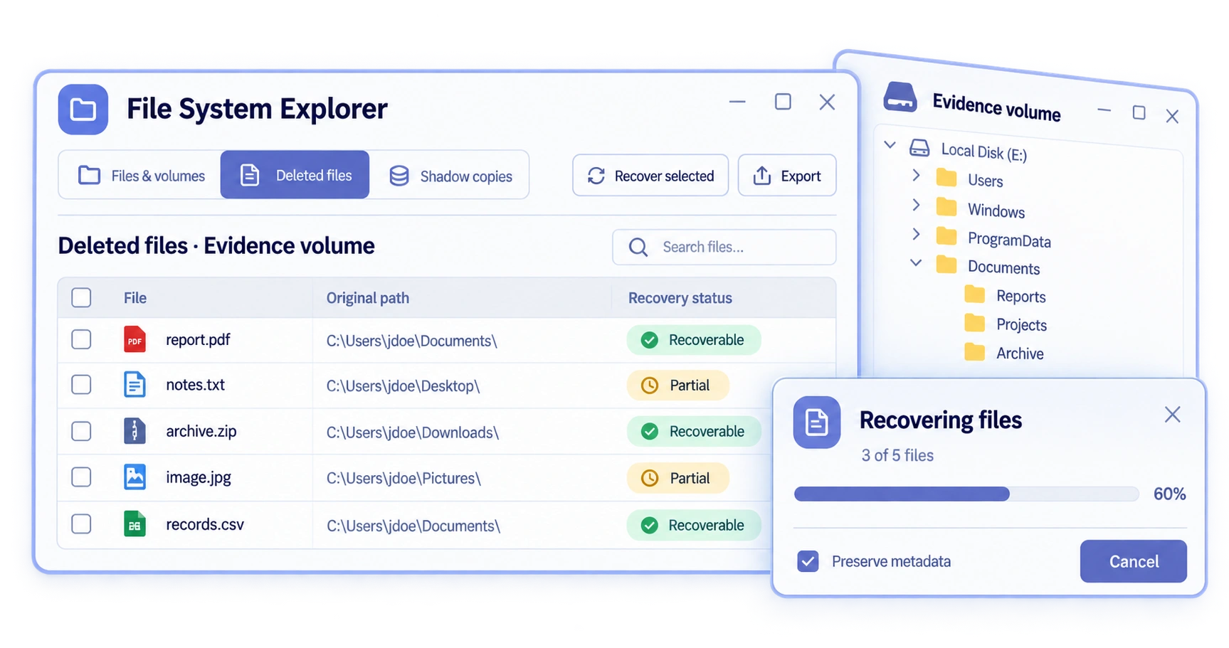 Illustrative File System Explorer showing deleted-file recovery candidates, a volume and folder tree, and recovery progress.