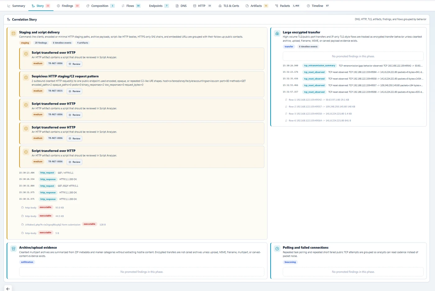 PCAP Analyzer — connect staging, delivery, transfers and repeated network activity into a visual investigation story.