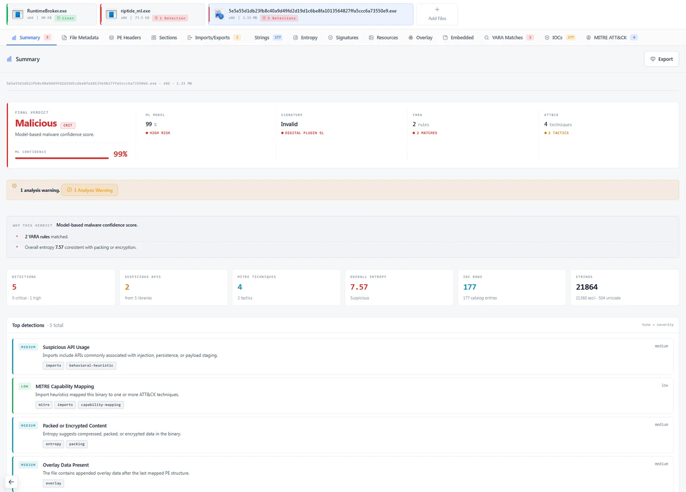 PE Analyzer — combine machine-learning and YARA findings with executable structure and ATT&CK context.