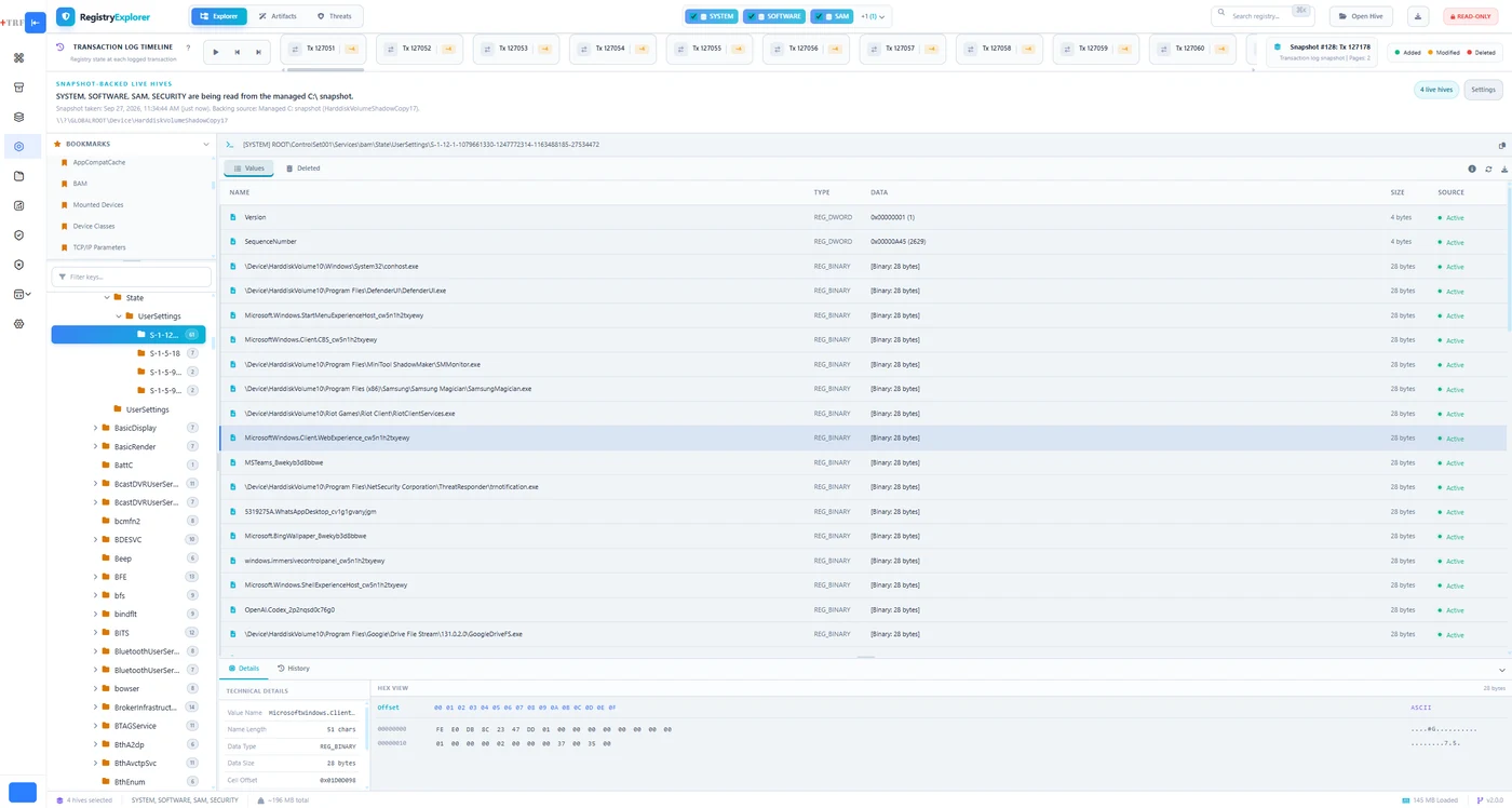 Registry Explorer — work across live hives, browse keys and values, bookmark locations and follow the transaction-log timeline.