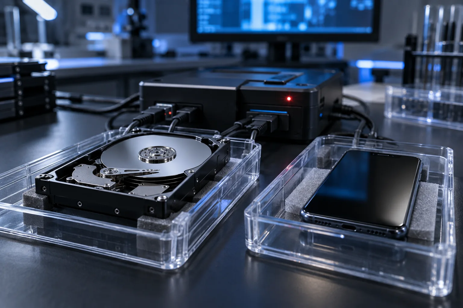 Conceptual forensic workbench with storage media and a mobile device prepared for examination