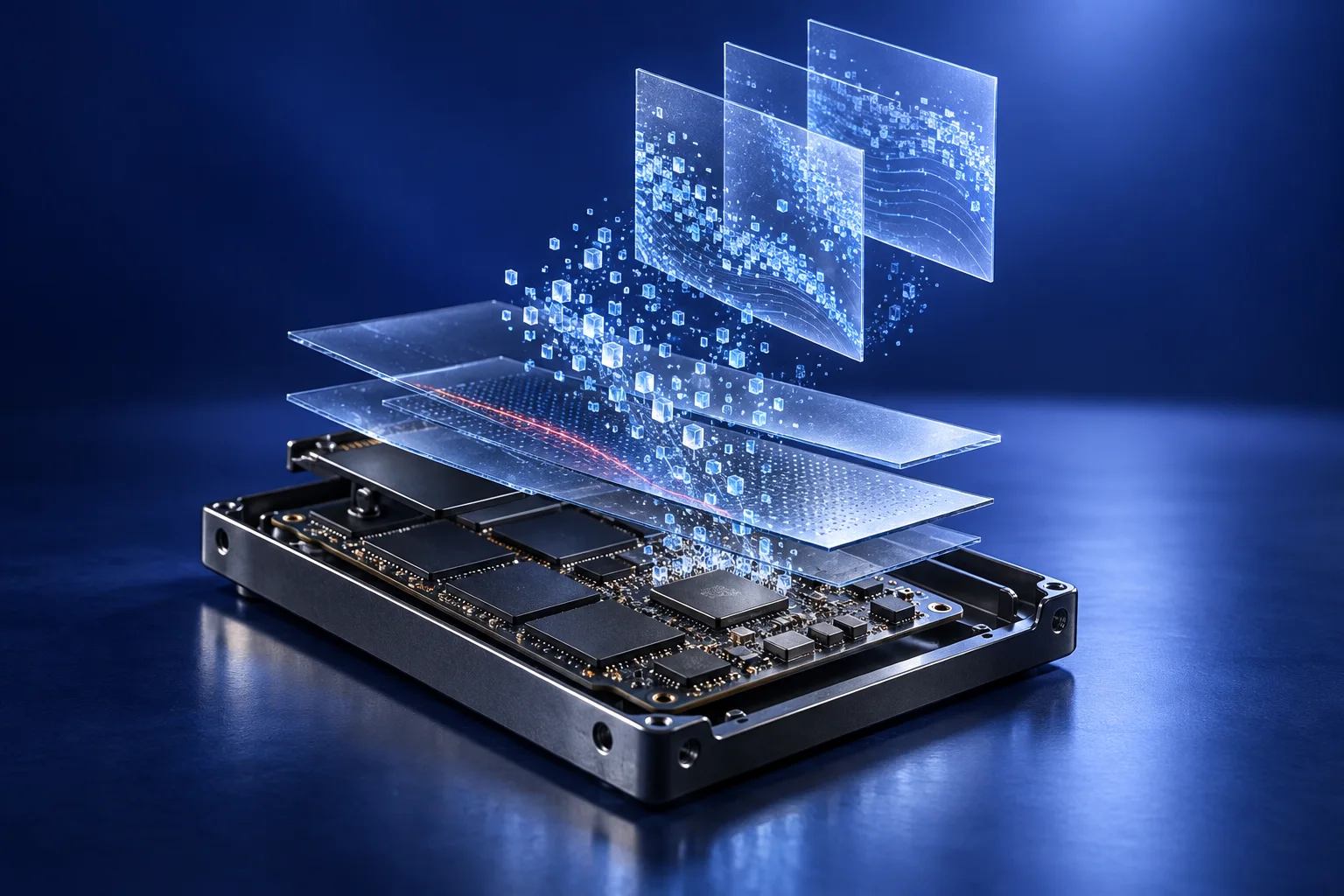 Conceptual forensic reconstruction: an opened storage device and translucent evidence layers resolving digital fragments into an ordered account