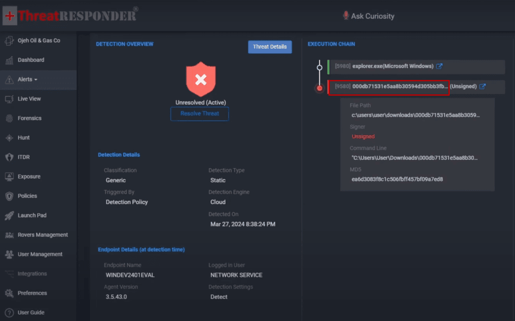Figure: ThreatResponder Detecting Phobos Ransomware Attack Immediately after Execution